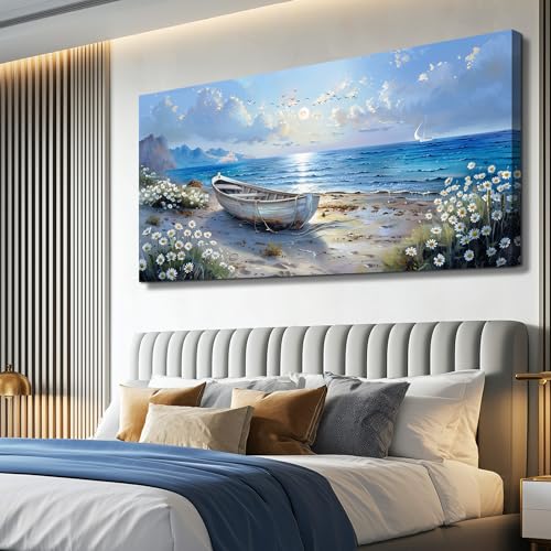 Large Canvas Wall Art For Living Room Wall Decor For Bedroom Office White Flower Seaside Landscape Printing Painting Restaurant Home Decorations Mural Poster Artwork Ready To Hang 30"X60"