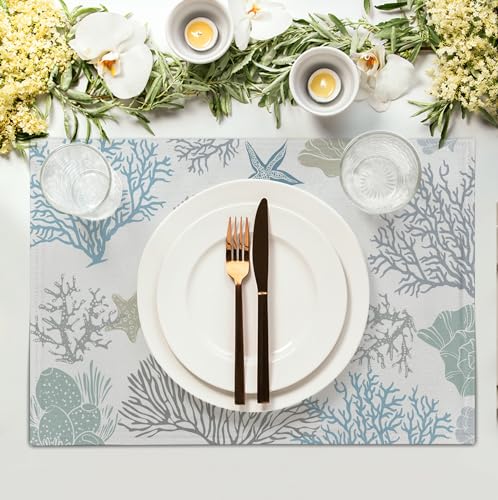 Summer Linen Placemats Set of 4 Nautical Coastal Theme Washable Non (4 Count)