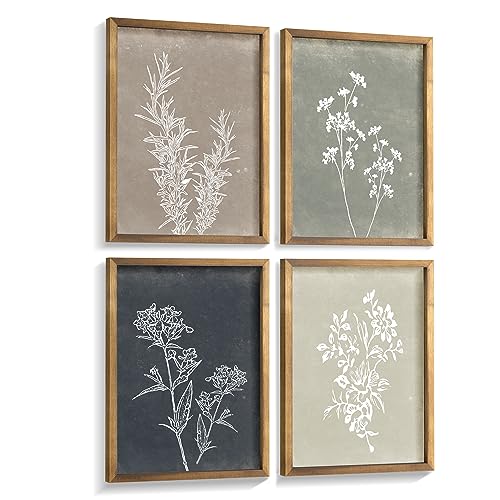 Framed Boho Wall Art Set of 4 for Wooded Minimalist Botanical Print Wall Art for Rustic Vintage Farmhouse Home Kitchen Wall Decor (4 Count)