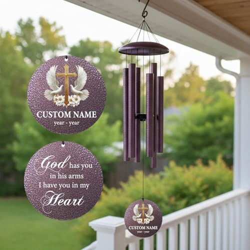 Personalized Memorial Metal Wind Chimes with Cross Dove for Loved