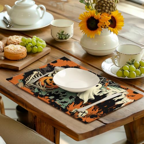 Halloween Skeleton Ghost Placemats Set of 4 12x18 Inch Spooky Pumpkin Bat Table Mats Vintage Rustic Farmhouse Place Mats for Party Kitchen Dining Decor (4 Count)
