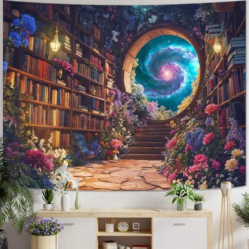 Floral Bookshelf Tapestry Fantasy Library Tapestries Wall Hanging Vintage Plant Flower Book Small Tapestry for Bedroom Living Room Dorm 60 x 44 inch