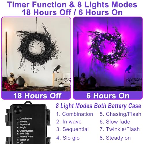 9 Ft 66 LED Willow Vine Twig Decor Black Halloween Garland with Purple Lights
