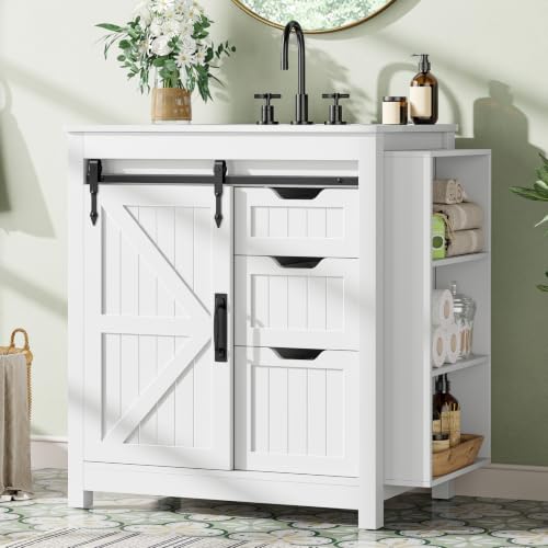 30" Farmhouse Bathroom Vanity with Ceramic Sink and 3 Drawers