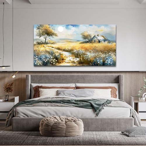 Large Country Field Painter House Decorated Wildflower Field Landscape Painting Living Room Decorated Wall Art Modern Print Canvas Farmhouse Office Bedroom Wall Decorated 30 X 60 Inches