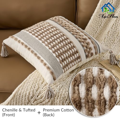 Chenille Striped Textured Boho Throw Pillow Covers Aesthetic with Tassels Woven Decorative Pillow Case for Couch Bed Sofa Bedroom Modern Funky 18 x 18