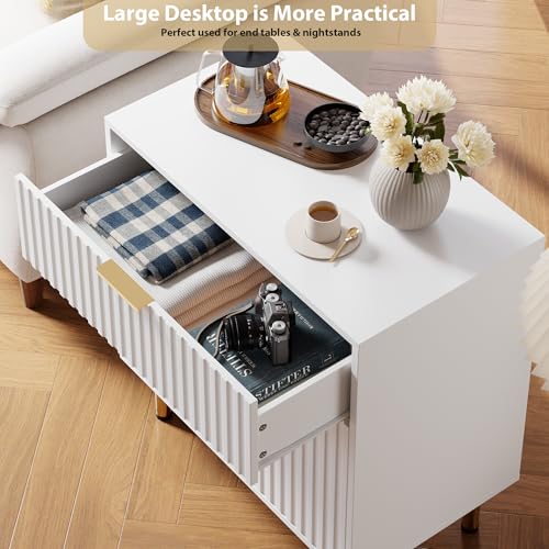 Fluted White 3 Drawer Dresser for Bedroom with Deep Drawers