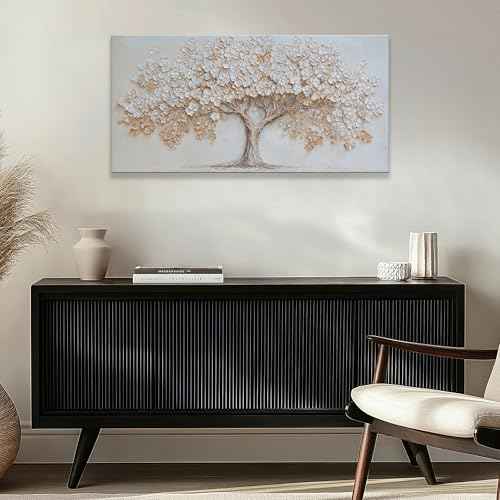 Large Canvas Wall Art Decor Beige Textured Tree of Life Canvas Art Wall Decor For Living Room Modern Decor Nature Botanical Tree Canvas Prints Artwork For Walls Bedroom Home Office Decor 24×48 Inch