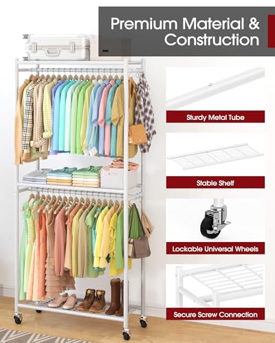 Clothes Rack 33.0" x 12.2" x 79.5" Clothing Rack with Shelves & Wheels