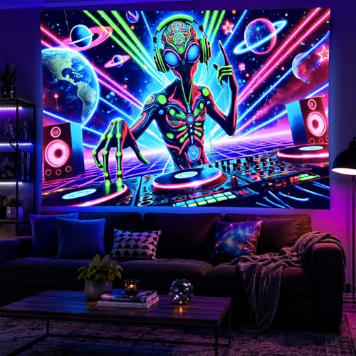 Blacklight Tapestry Alien DJ Party Backdrop 78 x 59 Inch