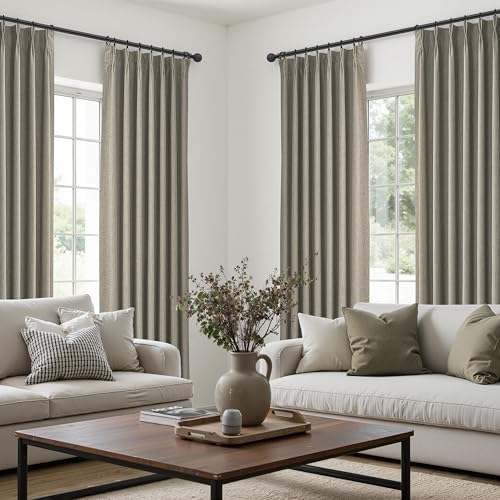 Grey Green Blackout Linen Curtains 96 Inches Long for Living Room Bedroom (2 Count)