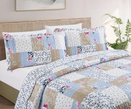 Pink Rose & Beige Toile Patchwork Quilt Set