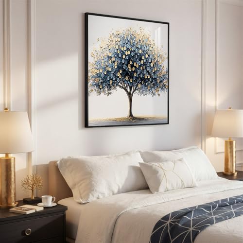 Framed Modern Luxury Blue and Gold Tree of Life Wall Art