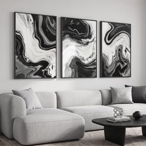 Large Framed Black and White Modern Abstract Wall Art Set of 3 (3 Count)