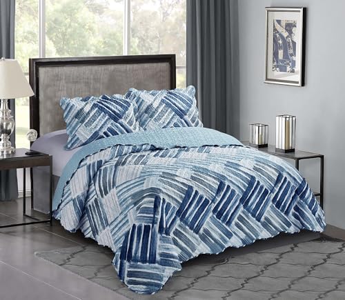 Blue Grey Stripes & Blocks Patchwork Quilt Set