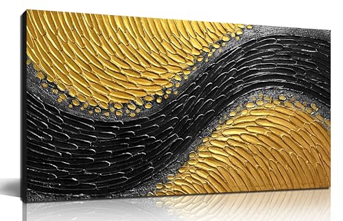 Abstract Painting Wall Art for Living Room Black and Gold Wall Art for Office 3D Textured Canvas Wall Decor for Bedroom Size 20 x 40 Inch