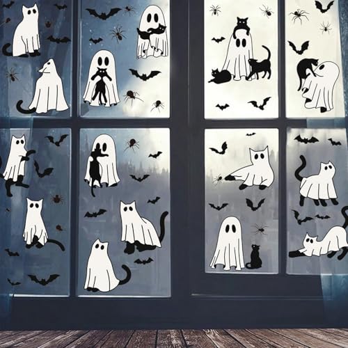 Halloween Ghost Window Clings for Glass 6 Sheets Cute Window Decals Spooky Window Stickers Cat Spider Reusable Windows Cling for Halloween Fall Party Home School Office Glass Supplies Decorations (6 Count)