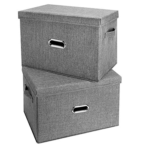 Large Linen Fabric Foldable Storage Bins with Removable Lid and Handles