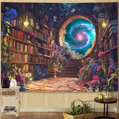 Floral Bookshelf Tapestry Fantasy Library Tapestries Wall Hanging Vintage Plant Flower Book Small Tapestry for Bedroom Living Room Dorm 60 x 44 inch