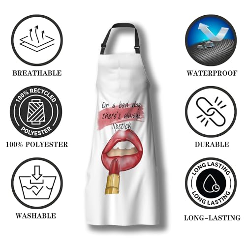Kitchen Apron for Women Red Lips Quotes on a Bad Day There’s Always Lipstick Funny Aprons for Men for Cooking Restaurant BBQ Painting Crafting Gardening 27”