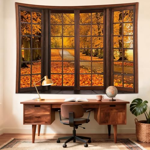 Fall Forest Window Tapestry Autumn Maple Tree with Orange Leaves Tapestry Wall Hanging Rustic Vintage Wall Decor for Bedroom Living Room Dorm Office 60x40 Inches
