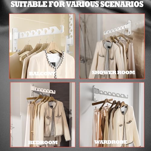 Wall Mount Coat Hanger Holder White Clothes Drying Organizer Rack Garment Hooks Aluminium Retractable Folding Indoor Wall Mounted Hanger Space Saver for Laundry Room Bedroom White 2Pack