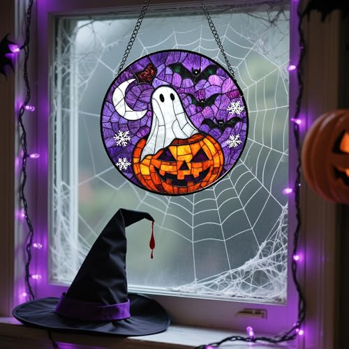 Stained Glass Window Hanging Halloween Horror Pumpkin 7.8"