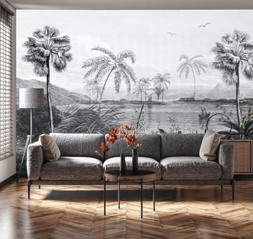 Vintage Black and White Forest Wallpaper Hand Painted Palm Tree Lake Mountain Wall Mural for Bedroom Living Room