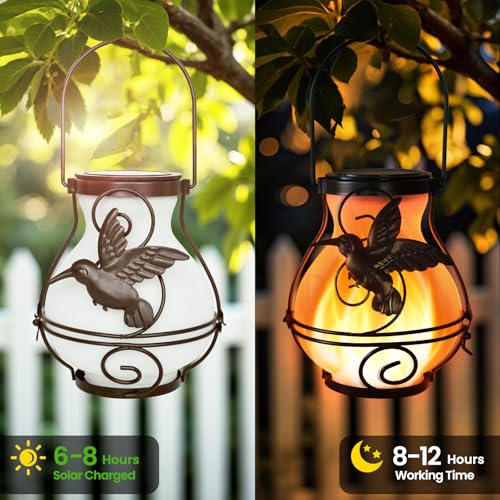 2 Pack Solar Lanterns Outdoor Waterproof Flickering Flame Lights Hummingbird Metal Hanging Solar Lantern Patio Porch Garden Decoration (2 Count)