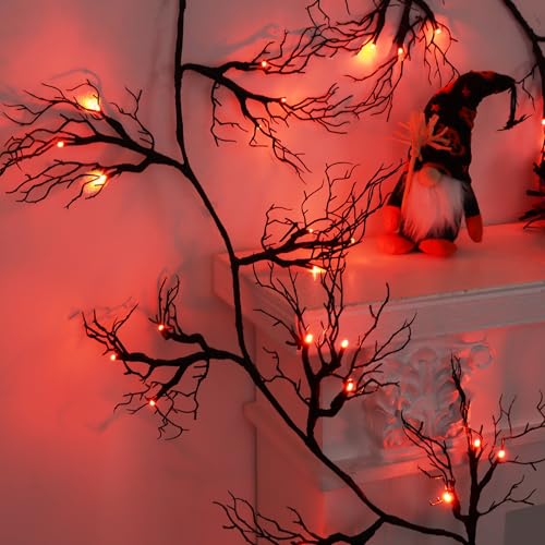 9 Ft 66 LED Willow Vine Twig Decor Black Halloween Garland with Orange Lights