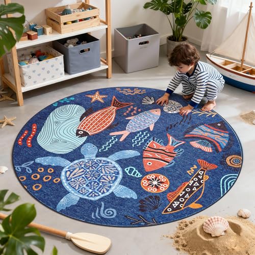 5ft Coastal Round Rug Washable Kids Rug Colorful Fish Mat Blue (19.63 Sq Ft)