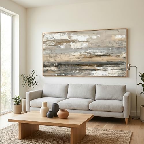 Abstract Wall Art Canvas Print Neutral Tones Beige Gray and Brown Framed Landscape Painting 40 x 20 in Artwork for Living Room Bedroom Wall Decor Ready to Hang for Office Dining Room