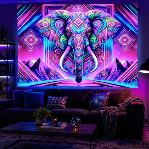 Blacklight Tapestry Elephant Neon Wall Art 78 x 59 Inch