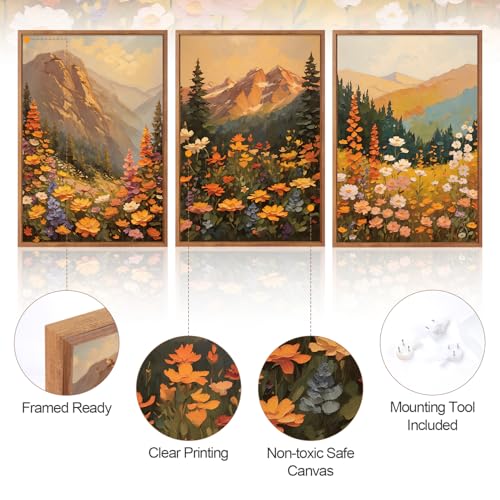 3 Pcs Mountain Wildflowers Framed Canvas Wall Art 16x24 Inch