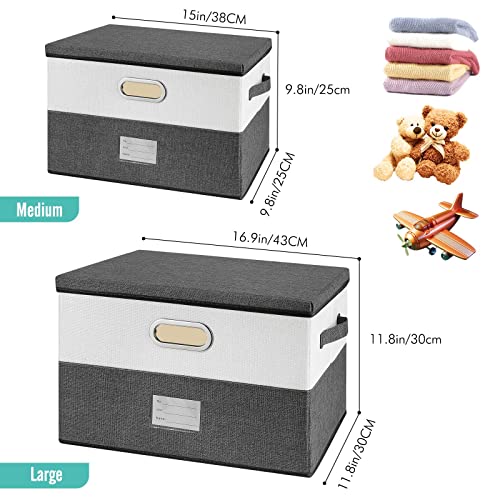Large Linen Fabric Foldable Storage Bins with Removable Lid and Handles
