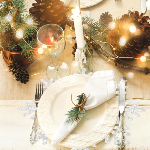 60Pcs Christmas Snowflake Paper Placemat Silver Glitter Snowflake Disposable Place Mat Winter Dining Table Mats for Xmas Birthday Party Kitchen (60 Count)
