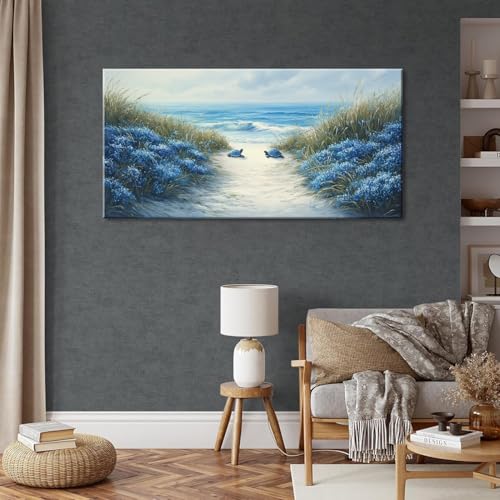 Romantic Beach Wall Art for Living Room Blue Sea Turtle Lovers Canvas Painting Prints Ocean Sandy Romance Flowers Large Bedroom Office Decor Artwork