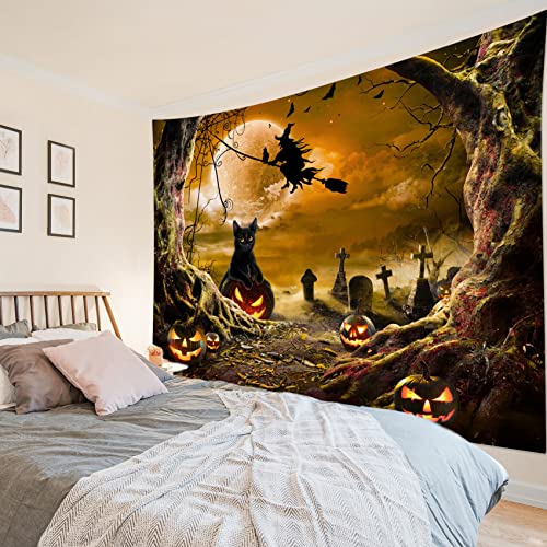 Halloween Wall Tapestry Horror Witch Cat and Dead Tree Pumpkin Lights with Spooky Graveyard Tapestry Orange Full Moon over Misty Forest Wall Art Decor for Bedroom Living Room Dorm 80x60 Inches