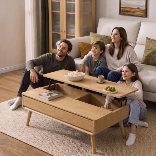 Solid Oak Wood Lift Top Coffee Table for Living Room