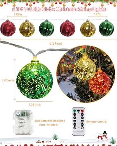 Christmas Tree Ball Ornament Lights 7FT Battery Operated Christmas Lights Indoor 10 LED Colored Ball Light with 8 Modes & Timer (10 Count)