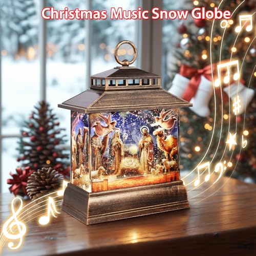 Christmas Snow Globe Lantern Water Glittering Lantern with 8 Songs & 6H Timer Romote Control Christmas Snow Globes USB & Battery Operated for Christmas Festival Decorations Gifts