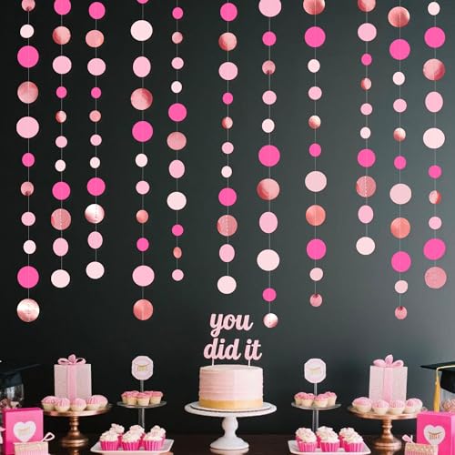 Hot Pink Rose Gold Party Decorations Circle Dots Garland Hanging Polka Dot Streamer for Girls Birthday Bachelorette Wedding Bridal Shower Anniversary Hen Party Supplies