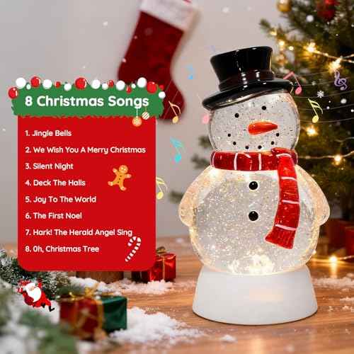 Christmas Snow Globe Snowman Lighted Musical Glitter Globe Battery Operated or USB Powered with Timer Water Glittering Snowing Globe for Christmas Party Home Table Decorations Gifts