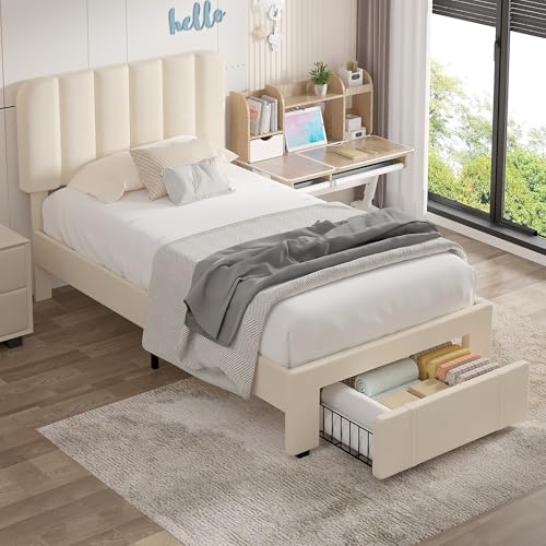 Twin Size Upholstered Bed Frame with Drawer and Headboard