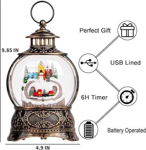 Christmas Village Snow Globe Water Lantern with Snowman and Train Scene Battery Operated or USB Powered Musical Lighted Holiday Decoration for Tabletop Display for Family and Friends