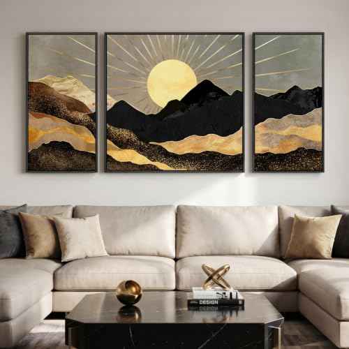 Extra Large Framed Black Gold Boho Wall Art for Living Room (3 Count)