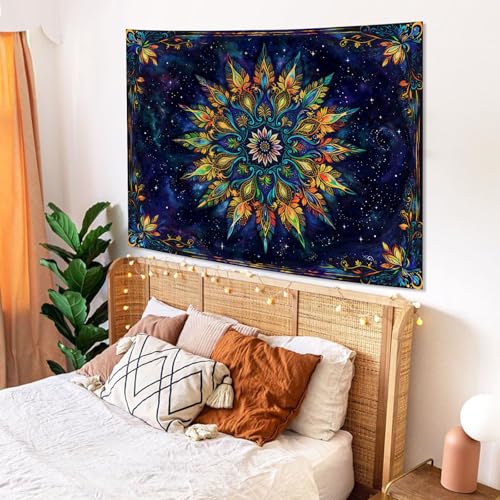 Boho Floral Mandala Tapestry for Bedroom Aesthetic Blue Bohemian Colorful Flower Wall Tapestry Purple Hippie Indian Small Tapestries Wall Hanging for Living Room Dorm Decor 48 x 36 Inch
