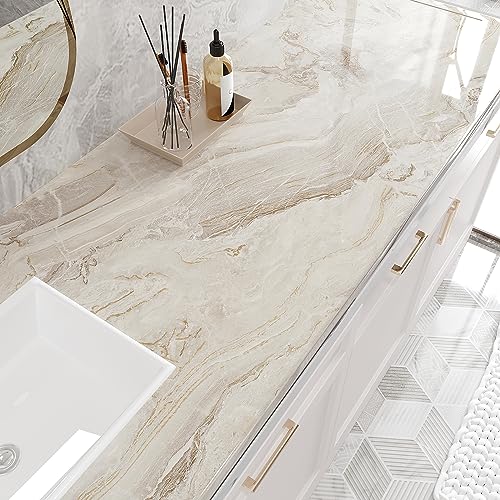 Wide 32''x354'' Beige Gold Marble Contact Paper for Countertops Peel and Stick Waterproof Countertop Vinyl Wallpaper for Kitchen Bathroom Glossy Marble Wallpaper Peel and Stick for Walls Table (79 Sq Ft)