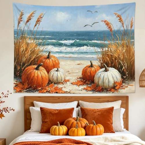 Coastal Fall Pumpkin Tapestry beach Landscape Wall Decor 59Wx51L Inch