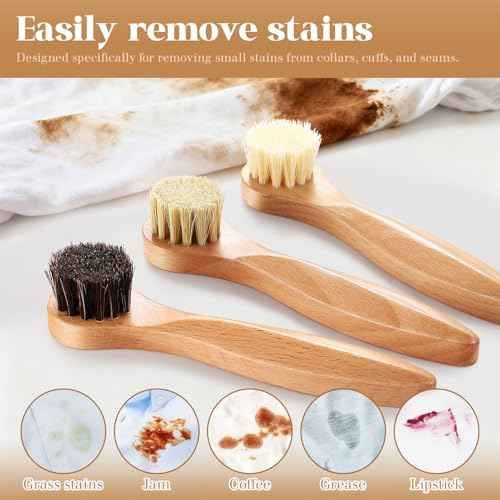 3 Pcs Wooden Laundry Stain Brush Stain Remover Dauber Brushes with Round Head Boar Bristle Small Stain Brush for Clothes for Scrubbing Stains from Furniture Fabric Leather (3 Count)
